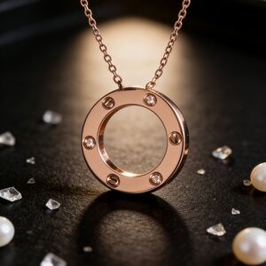 18K Rose Gold Diamond LOVE Circle Necklace Designer Inspired